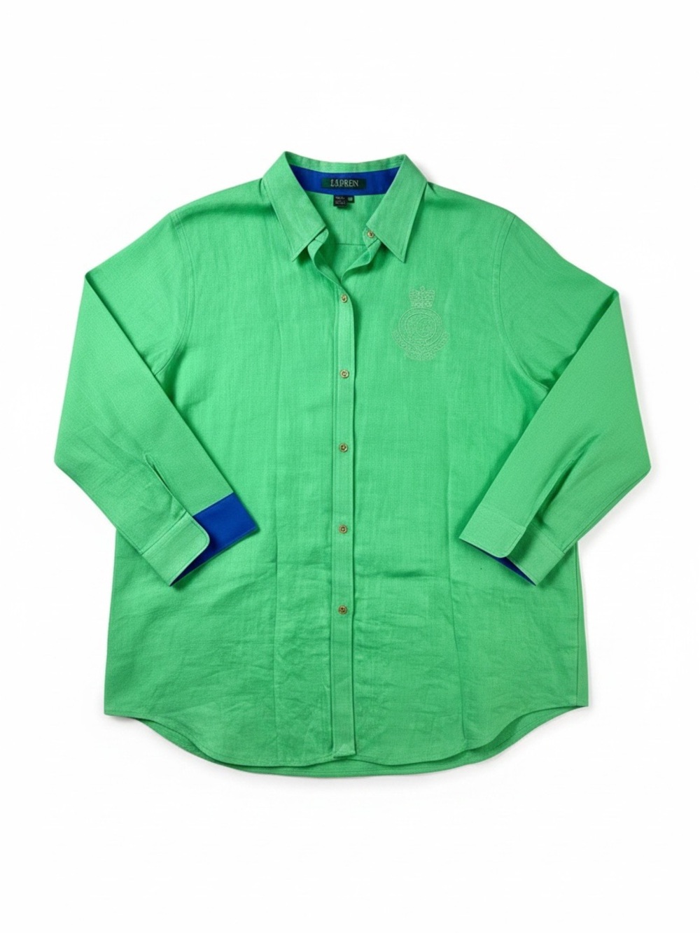 Lauren Ralph Lauren 100% Linen Bright Green Button-Down Shirt Women’s Size XL - Picture 6 of 14